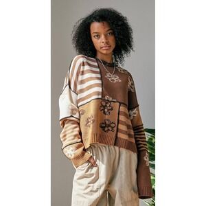 Urban Outfitters BDG Patchwork Floral Striped Sweater Brown Tan Boho Knit XL